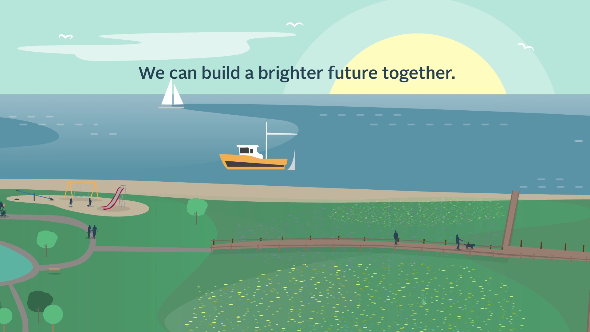 Graphic of a shoreline landscape with two boats out in the water. The sun is setting in the background and the words We can build a brighter future together are typed across the sky.