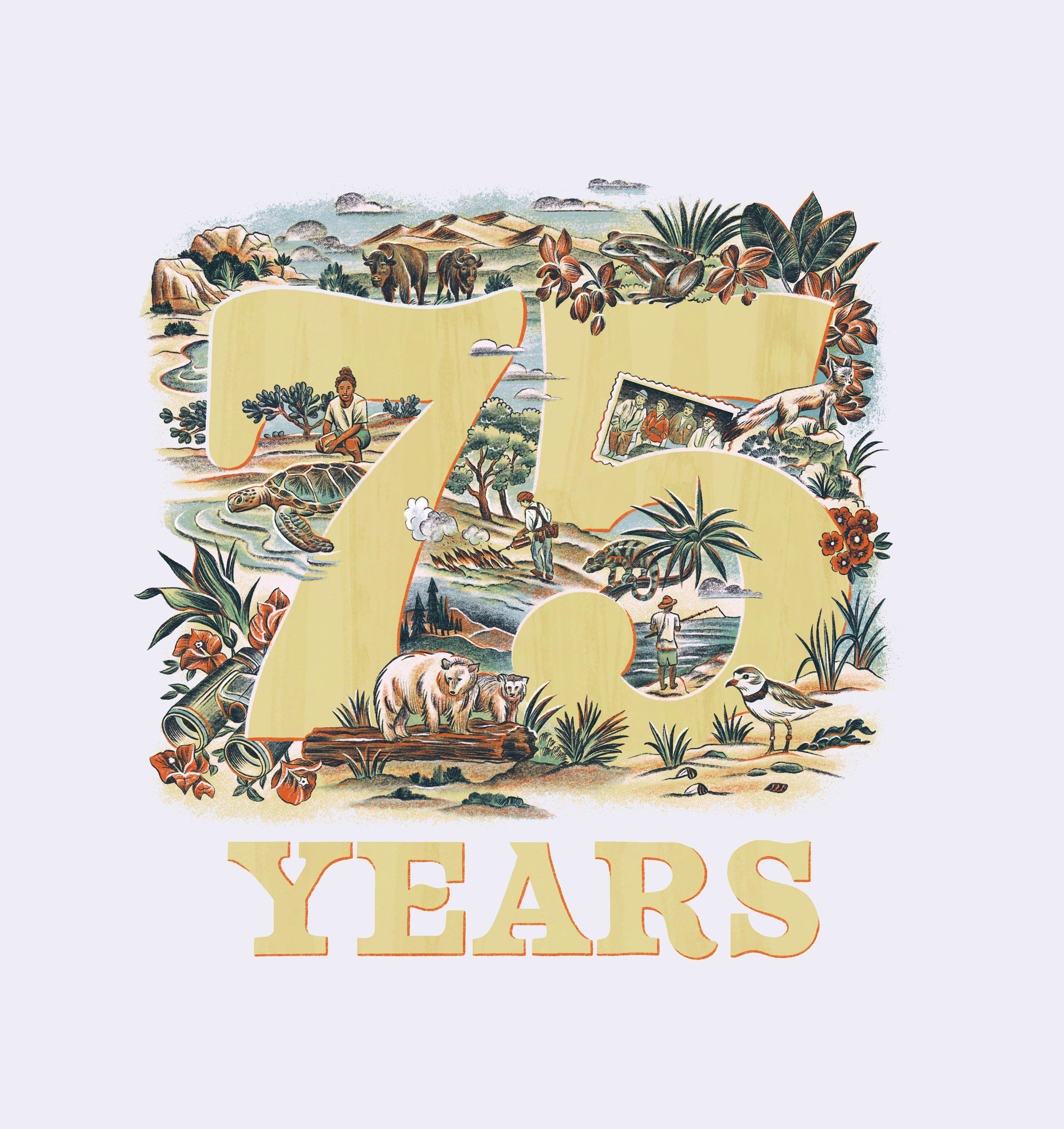 An illustration of animals and landscapes surrounding text that reads 75 Years.