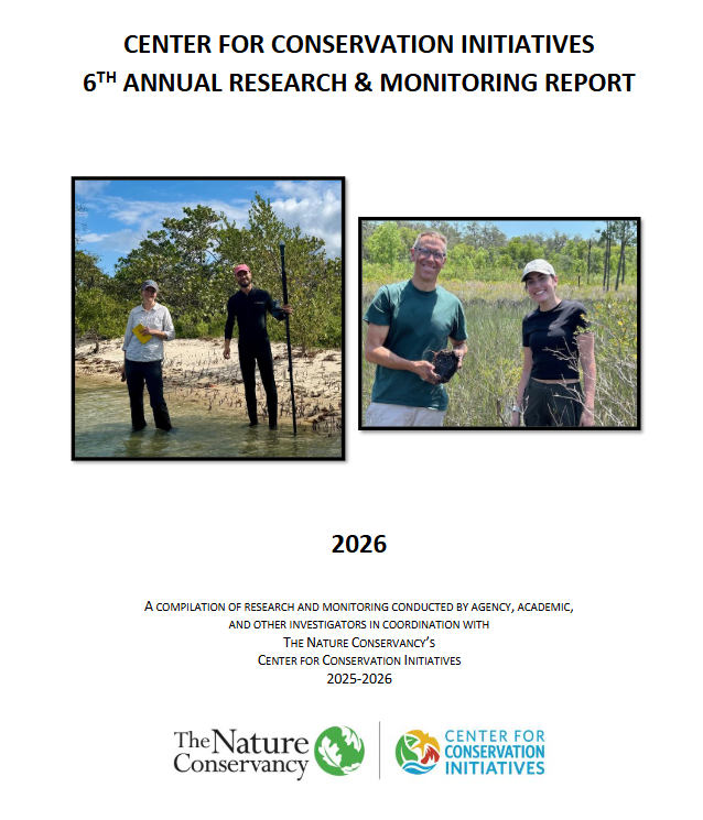 Thumbnail of the CCI 6th Annual Research and Moniroing report title page with two images of sciemtists working at CCI Preserves.