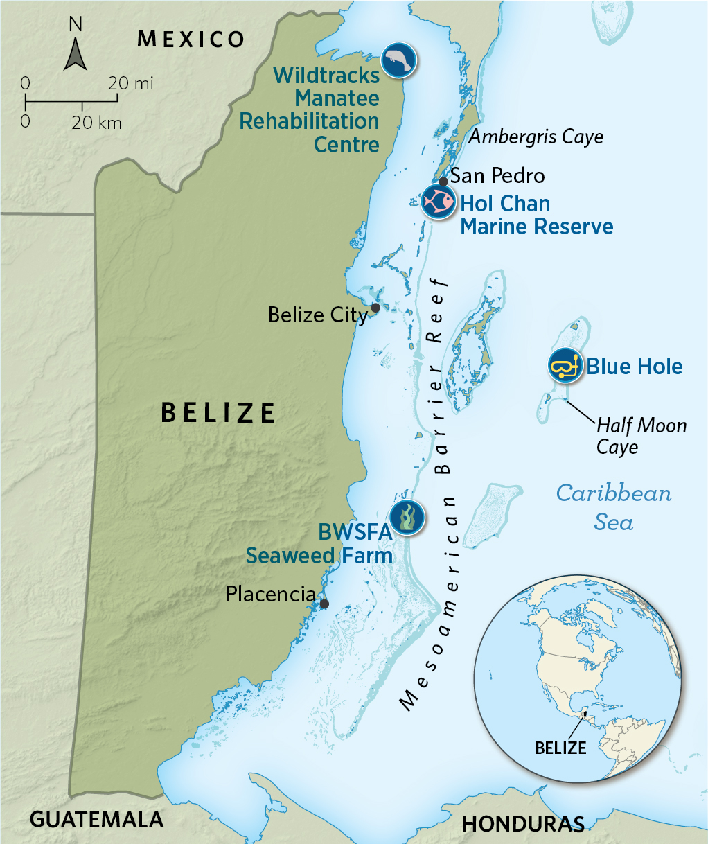 A map of Belize shows offshore conservation projects.