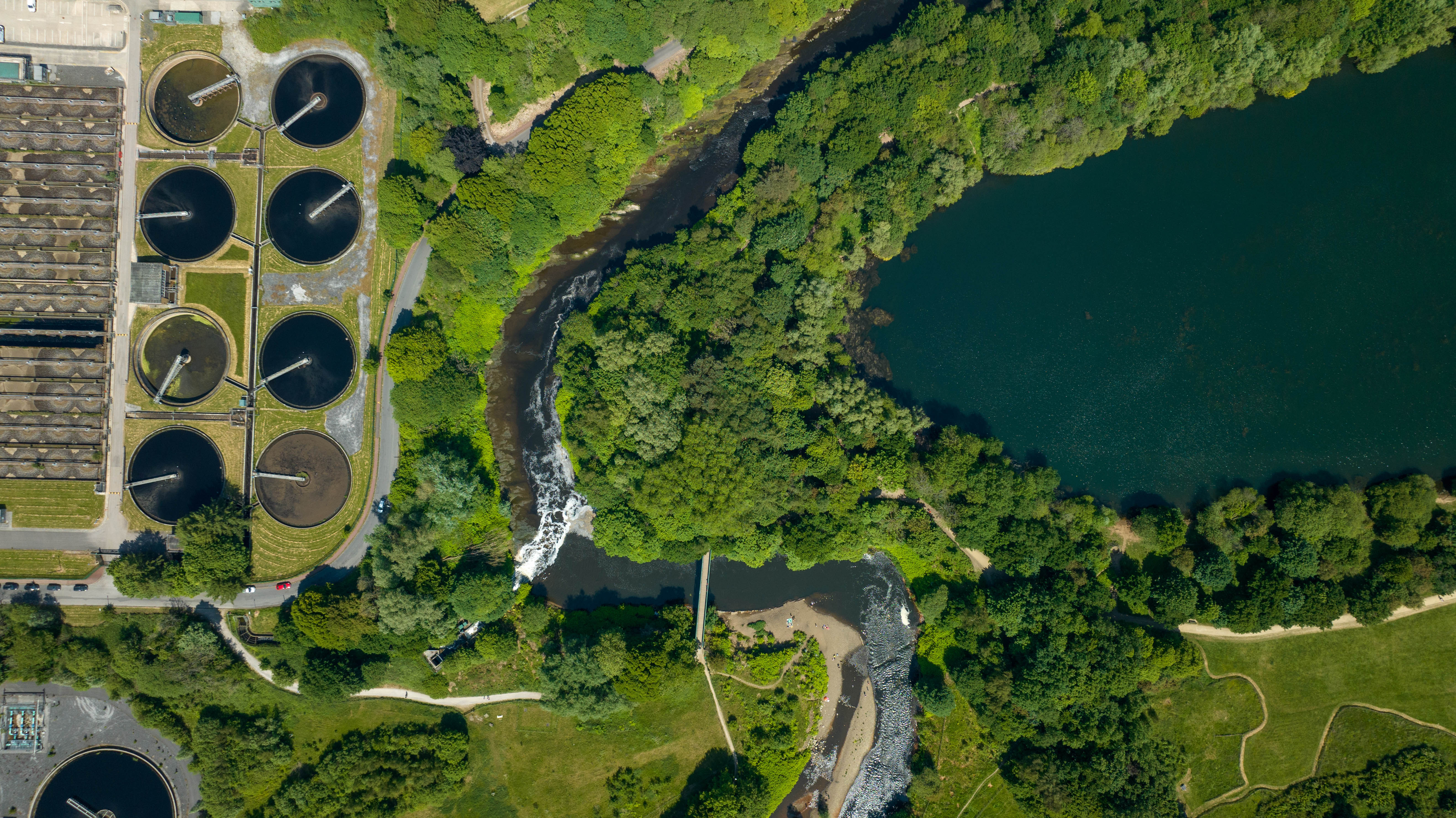 Aerial view of a water treatment plant.