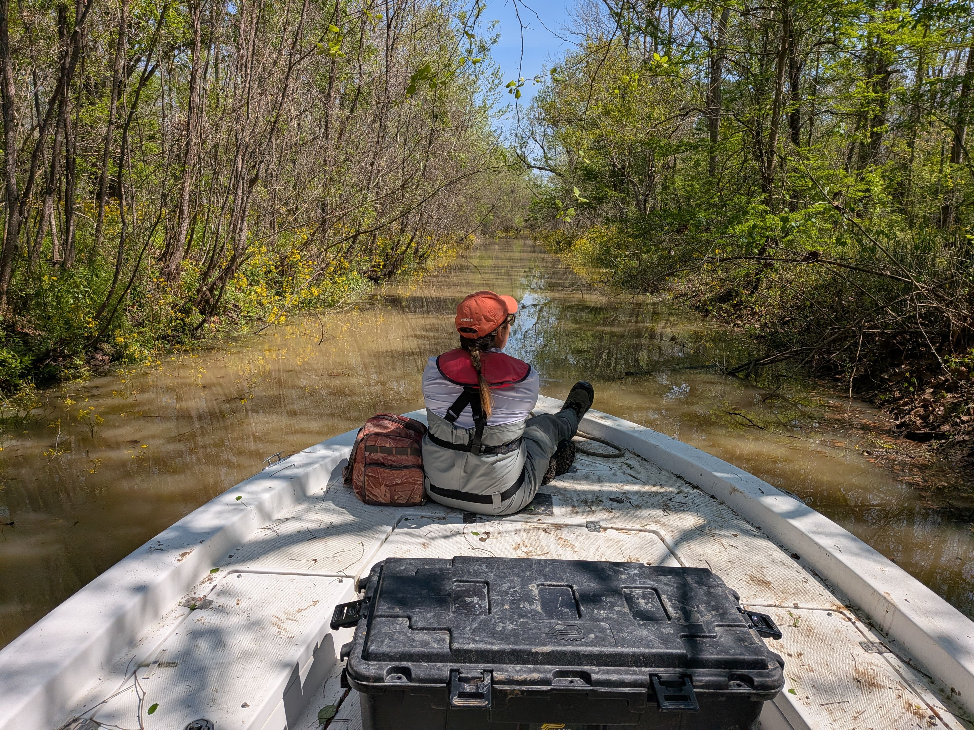 A person wearing a hat and life jacket sits at the helm of a boat heading down a river.