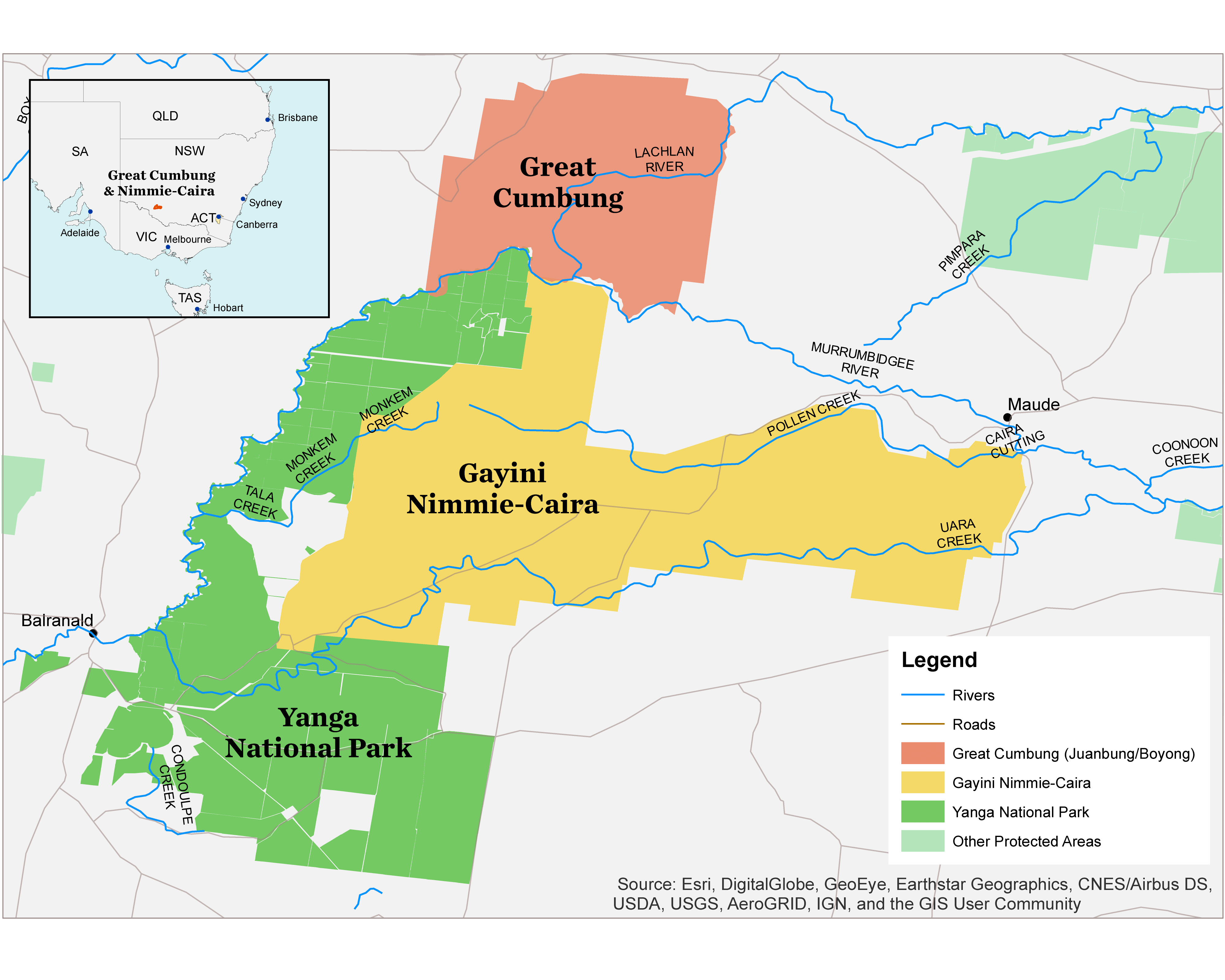 Gayini (formerly Nimmie-Caira) and the Great Cumbung in relation to Yanga National Park