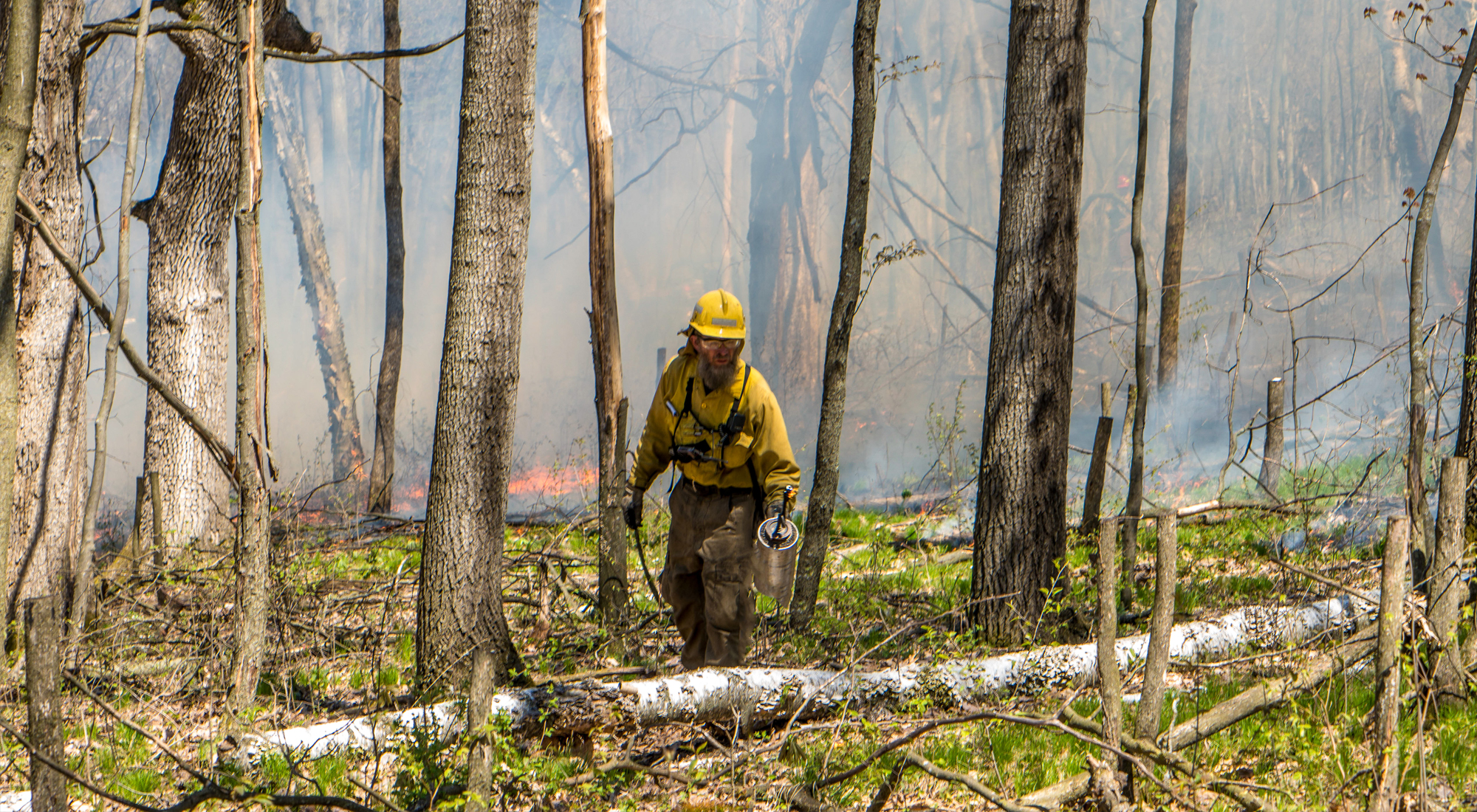 Man in yellow shirt and yellow hard hat and drip torch.