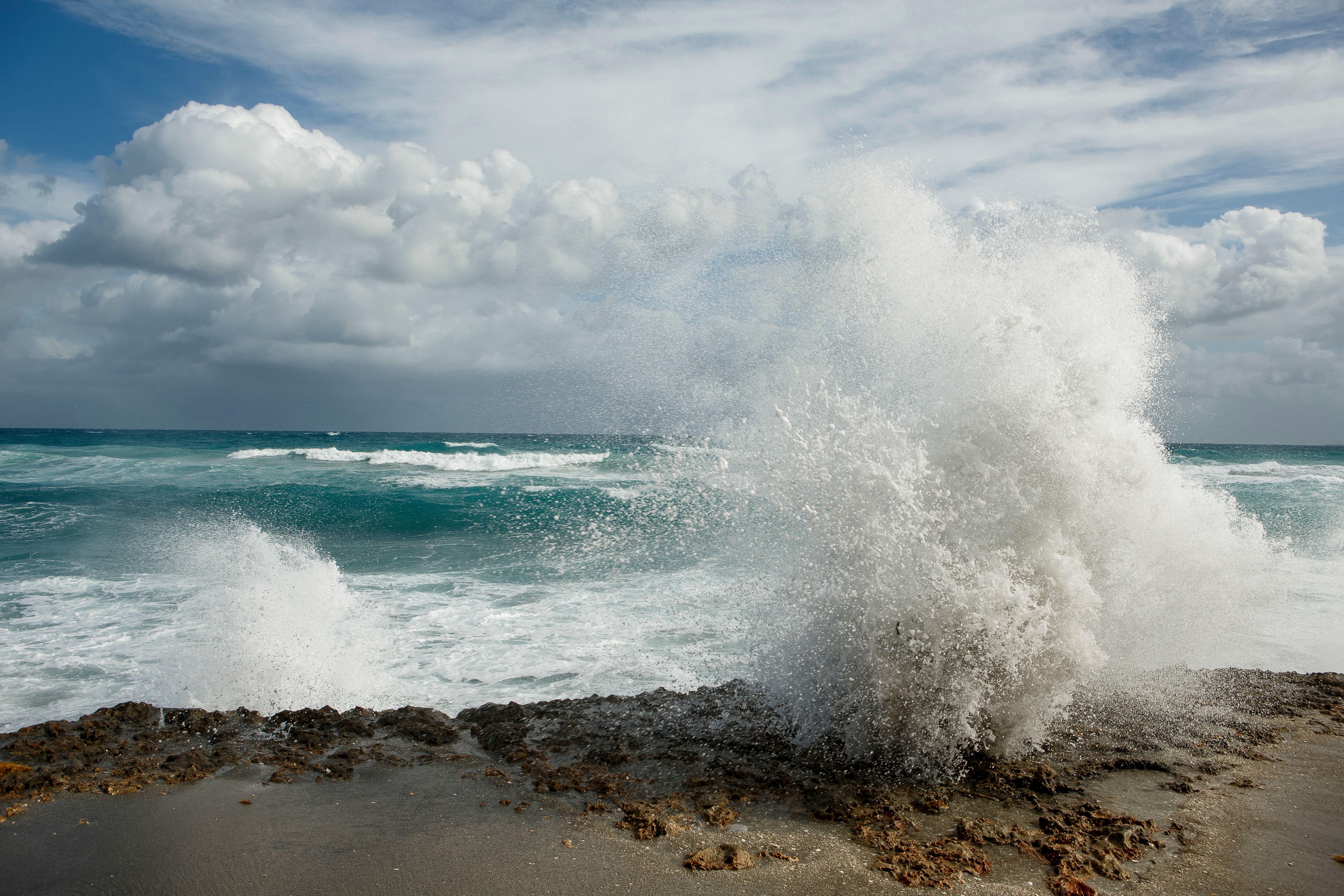 A geyser of water splashes into the air along a coastal beach.