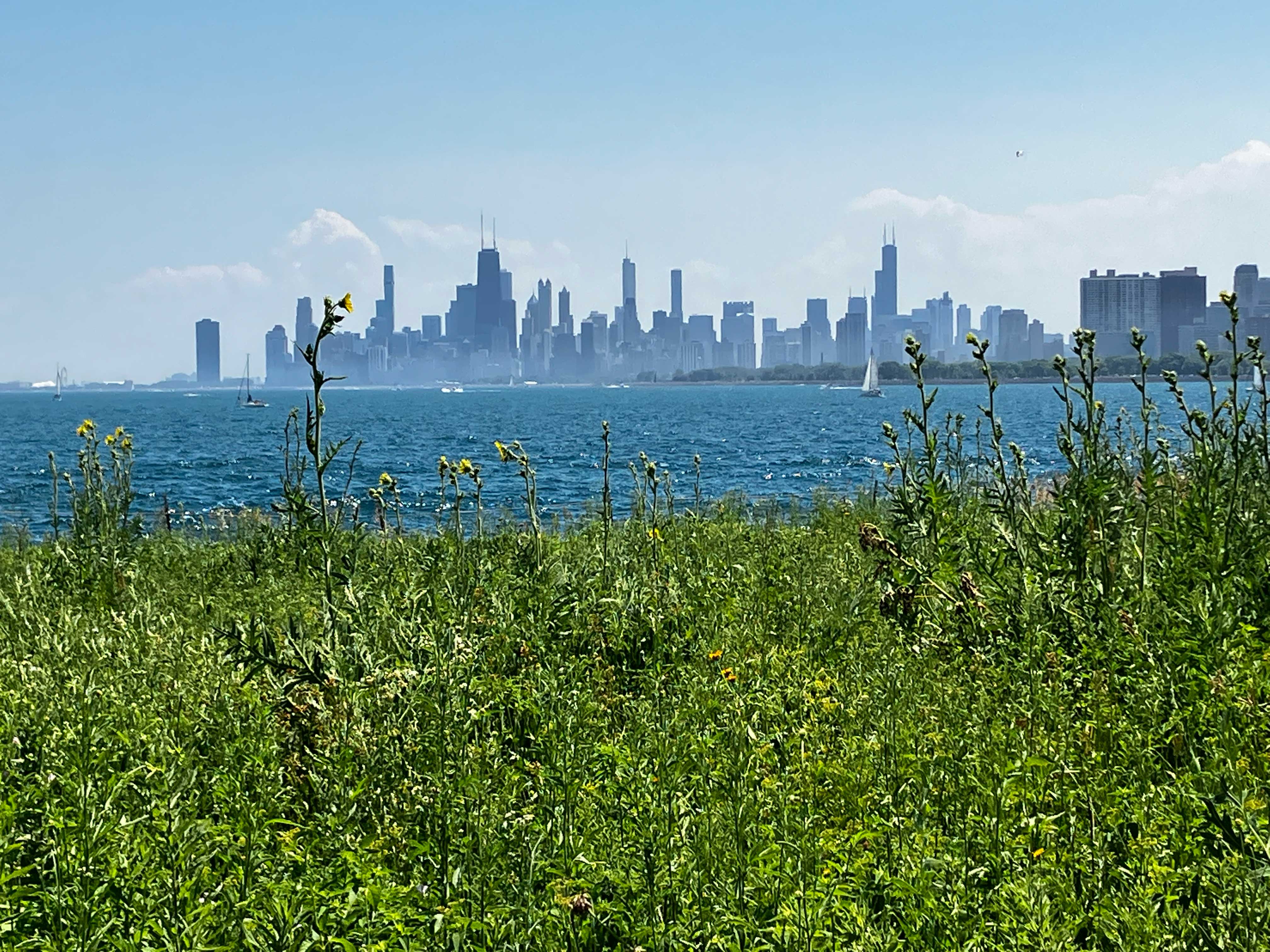 City view from Montrose Point along Lake Michigan in Chicago.