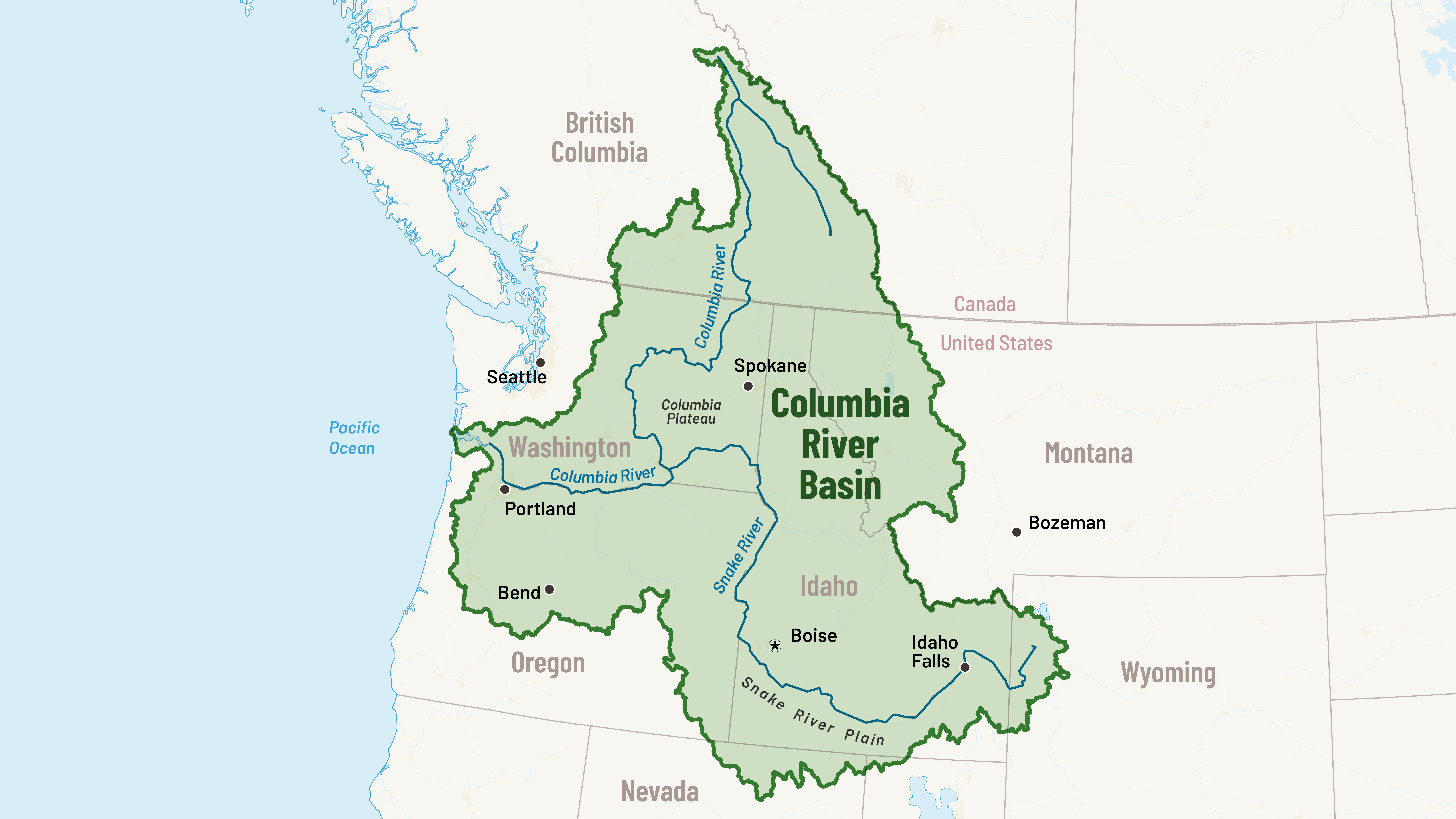 An illustrated map of the Columbia River Basin.