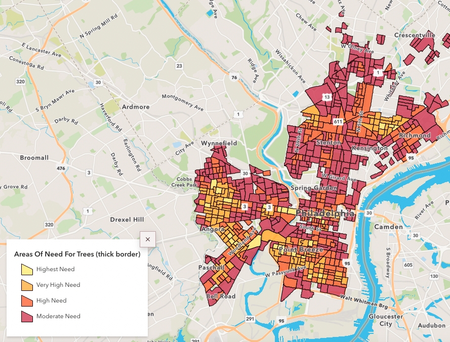 Map of Philadelphia with blocks of yellow, orange and red showing areas of the city in need of more trees. 