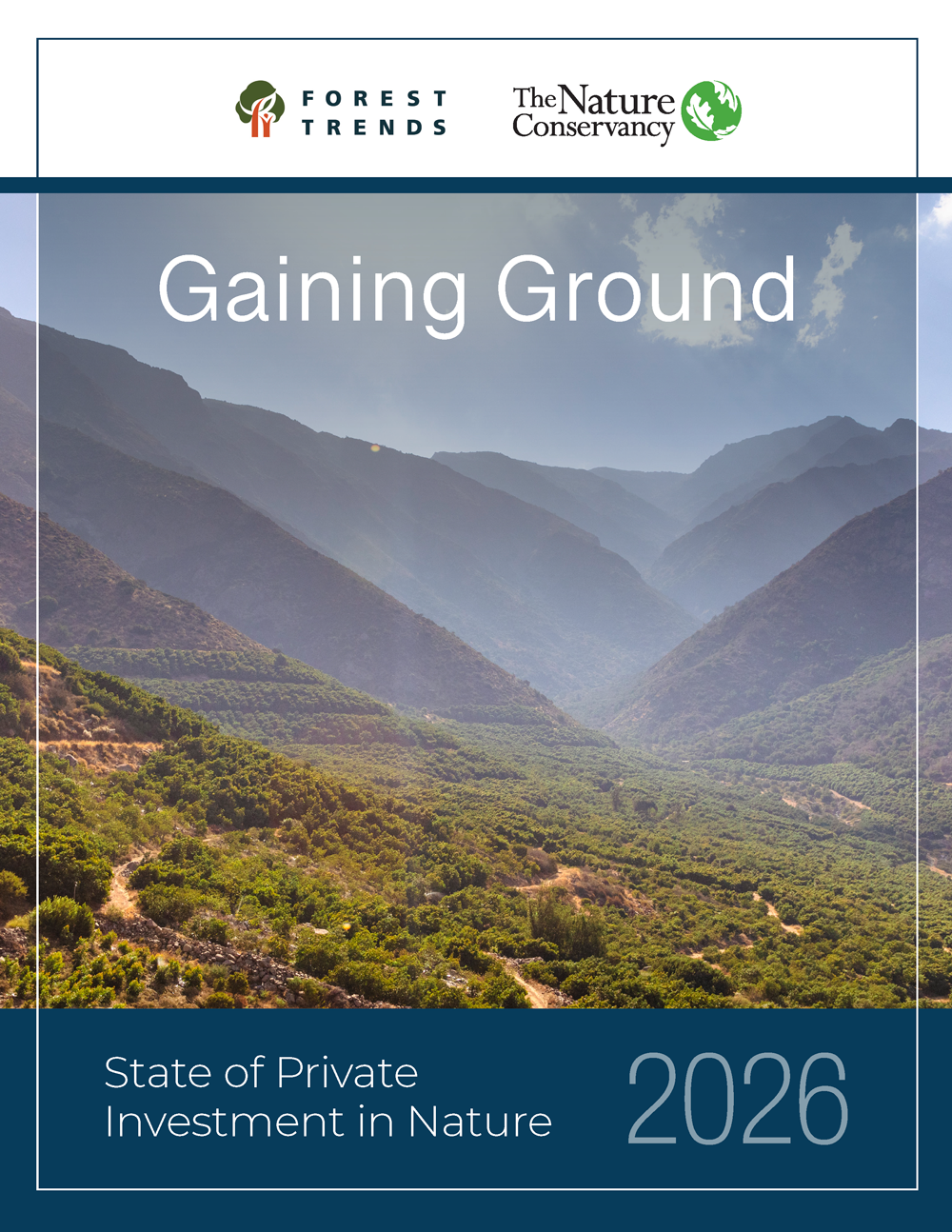 Gaining ground report cover featuring a misty valley.