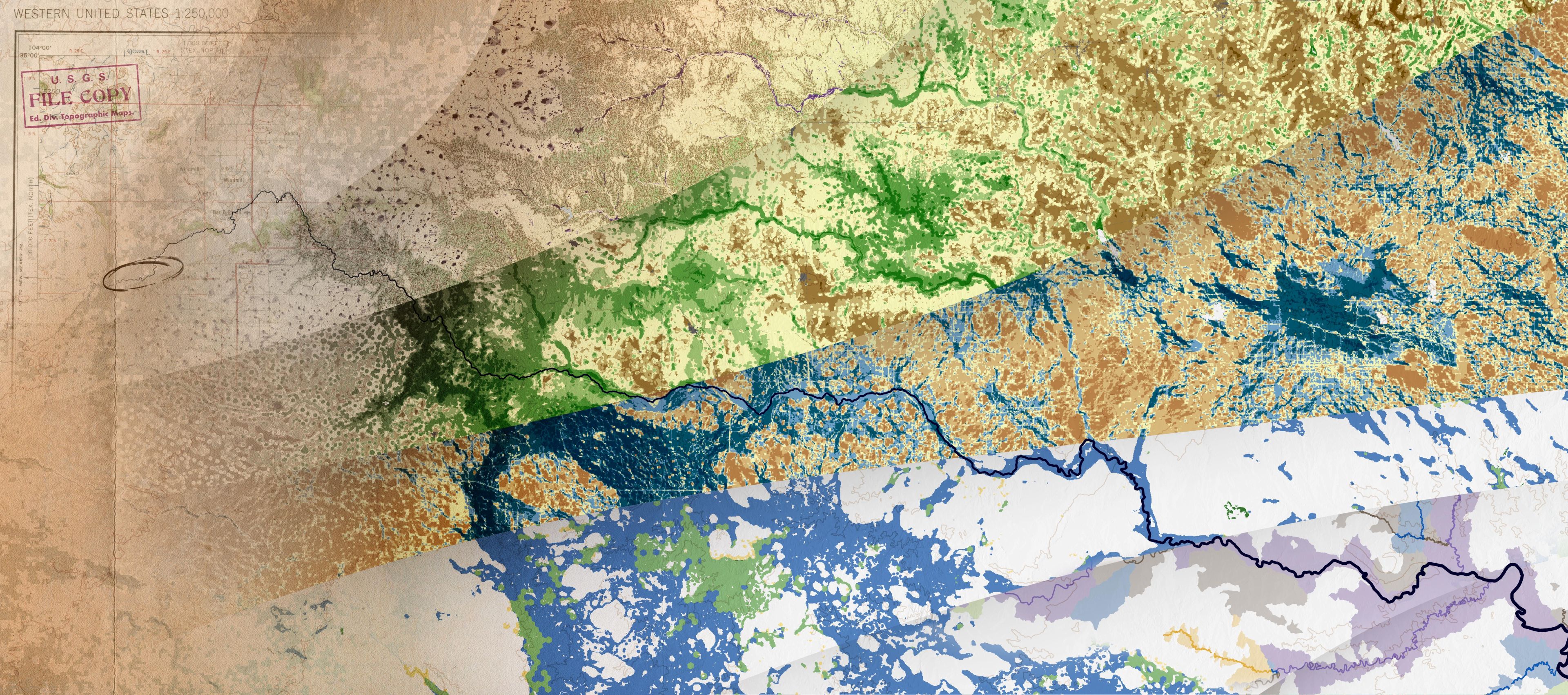 A map uses shades of green, yellow, blue and brown to feature an aerial view of a landscape.