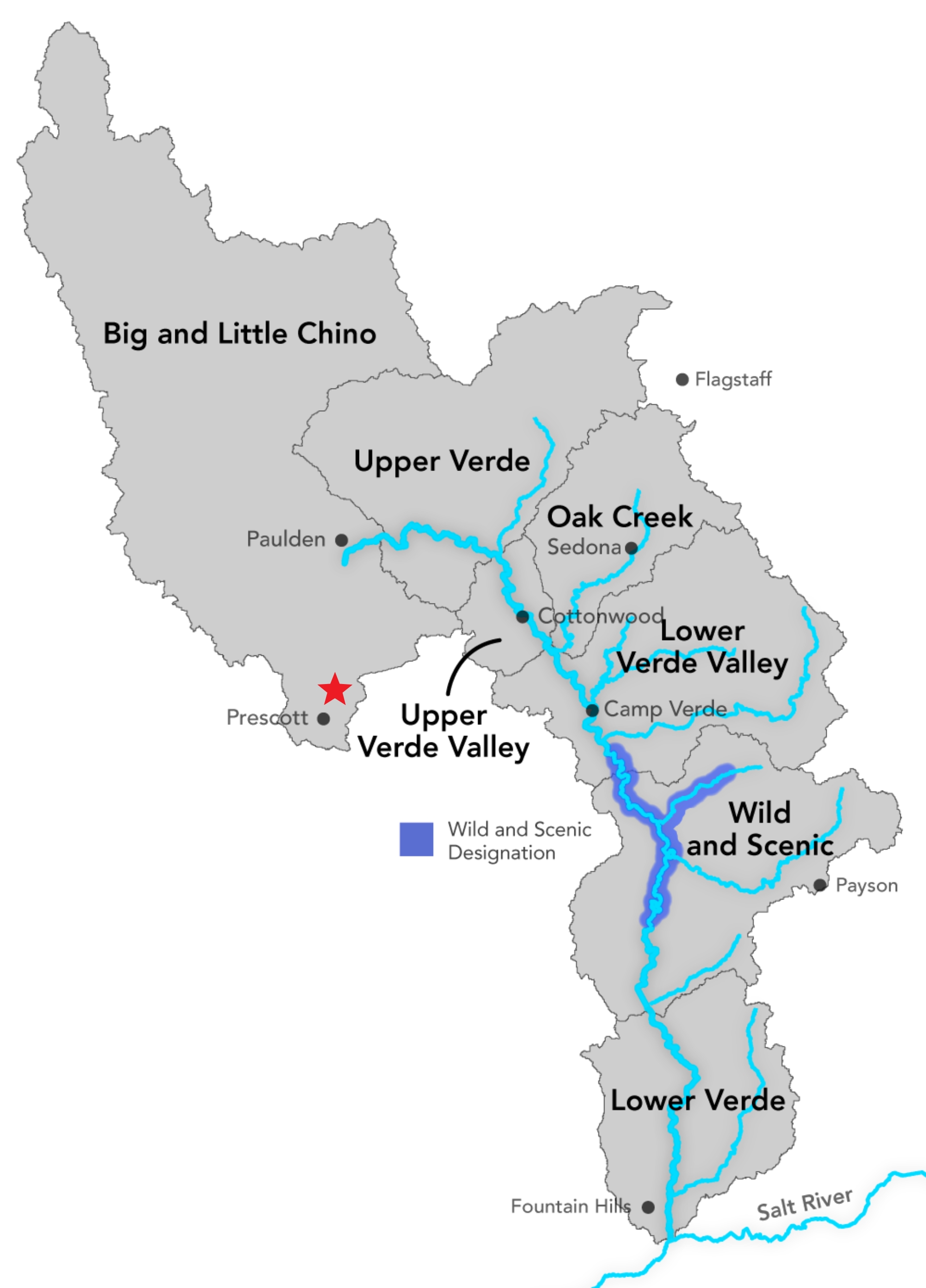 Map showing the Verde River in Arizona with a red star where Granite Creek is.