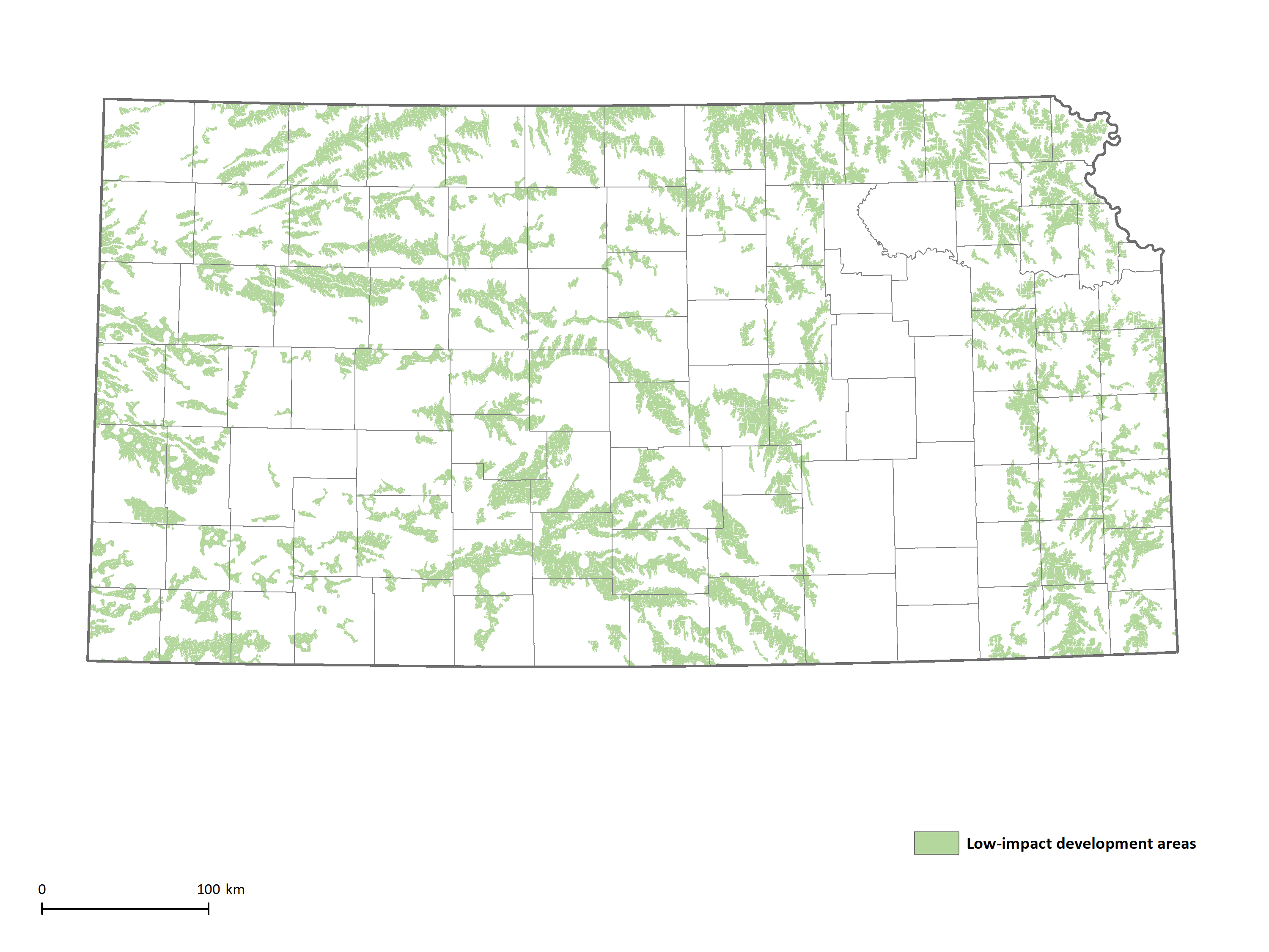Map of Kansas with portions colored in green to identify low-impact wind potential.