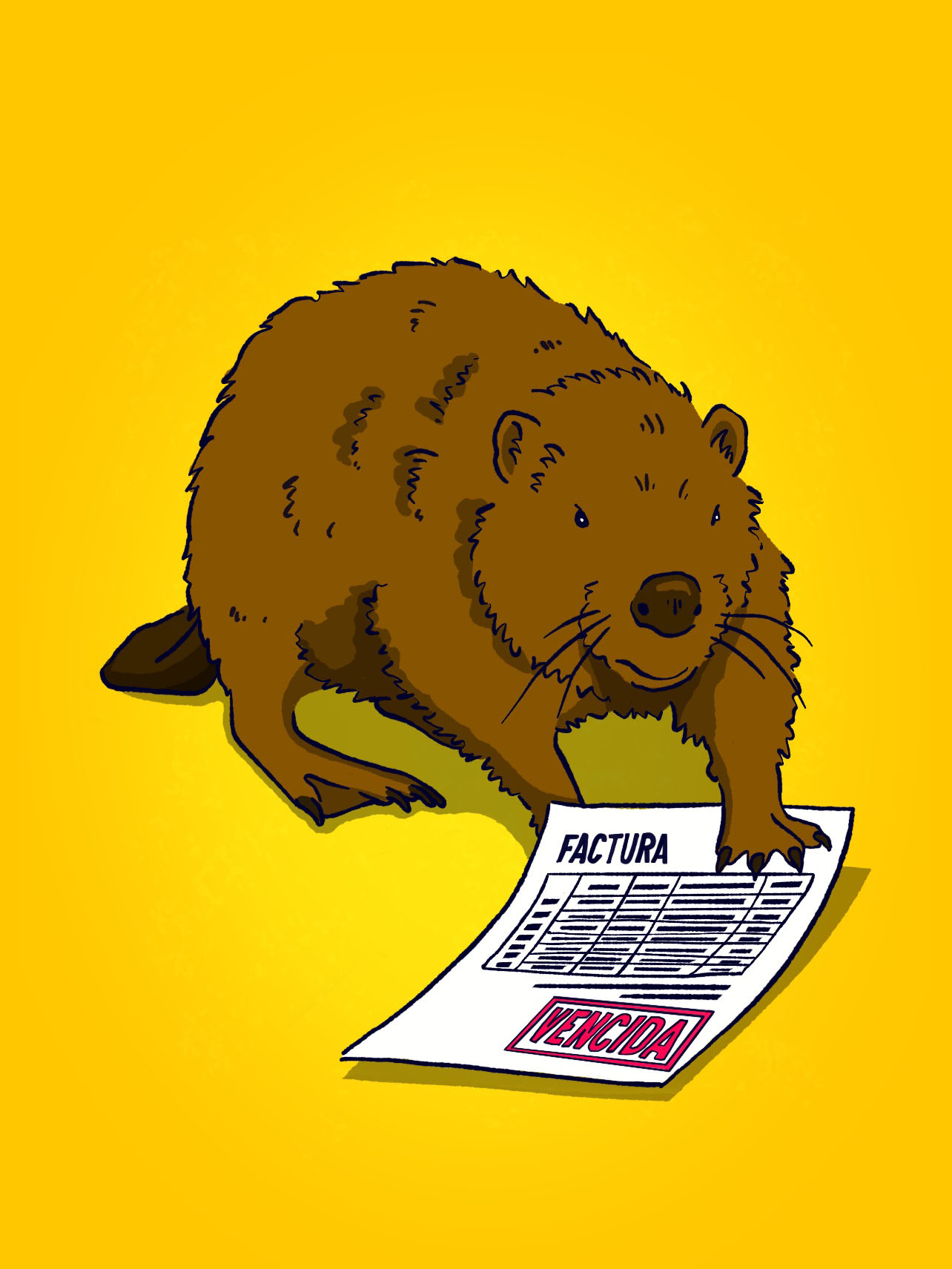 Un castor, con gesto serio, sostiene una factura marcada como “vencida”, recordándonos los servicios que la naturaleza presta sin cobrar. Fondo amarillo. 