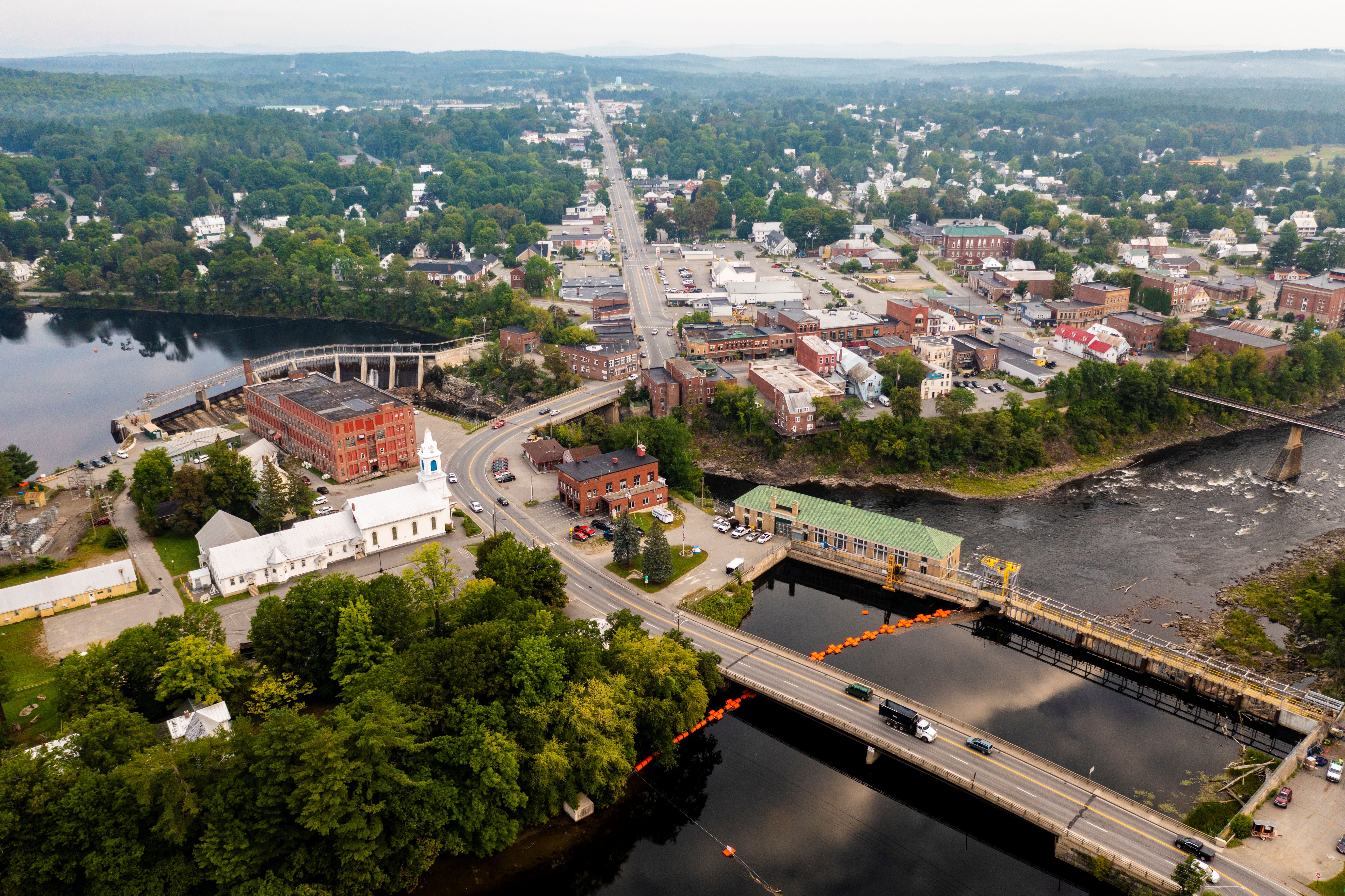 A view of Skowhegan and the Kennebc River from above.