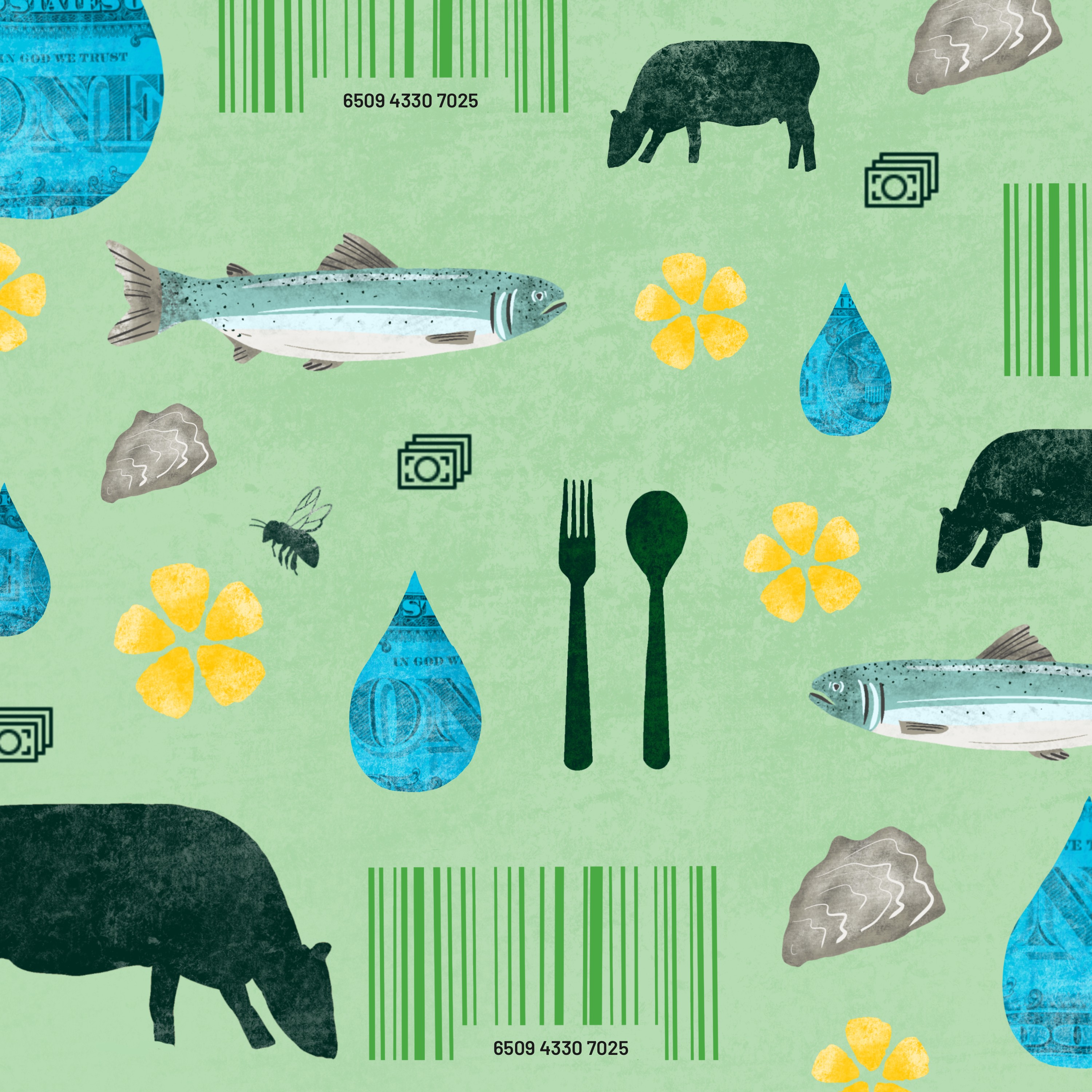 An illustration showing animals people eat, like fish and cows, along with plants and flowers and a fork and spoon to illustrate the connection between nature and the food and water it provides.