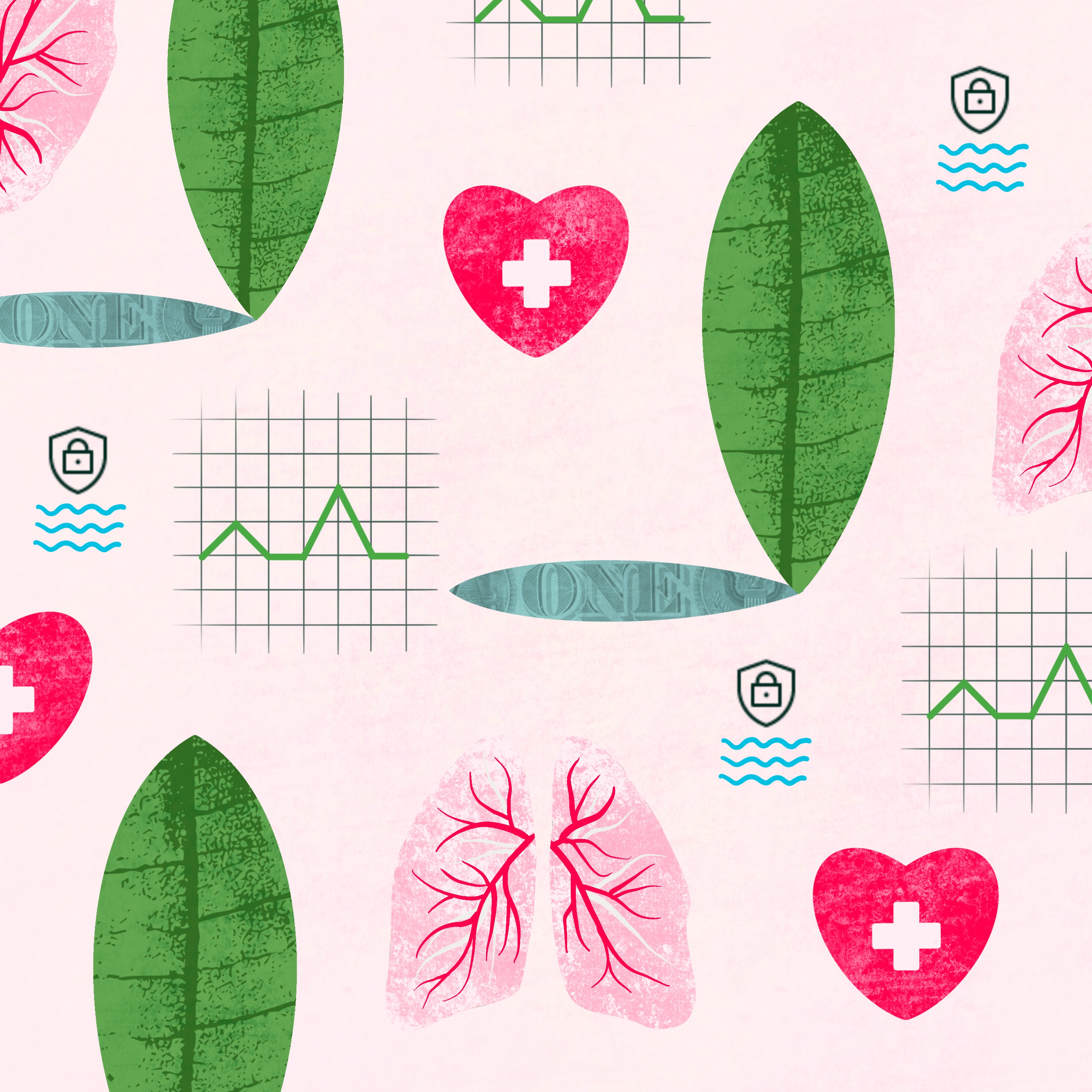 An illustration showing leaves, hearts, lungs, water quality, and graphs to illustrate the connection between nature and health.