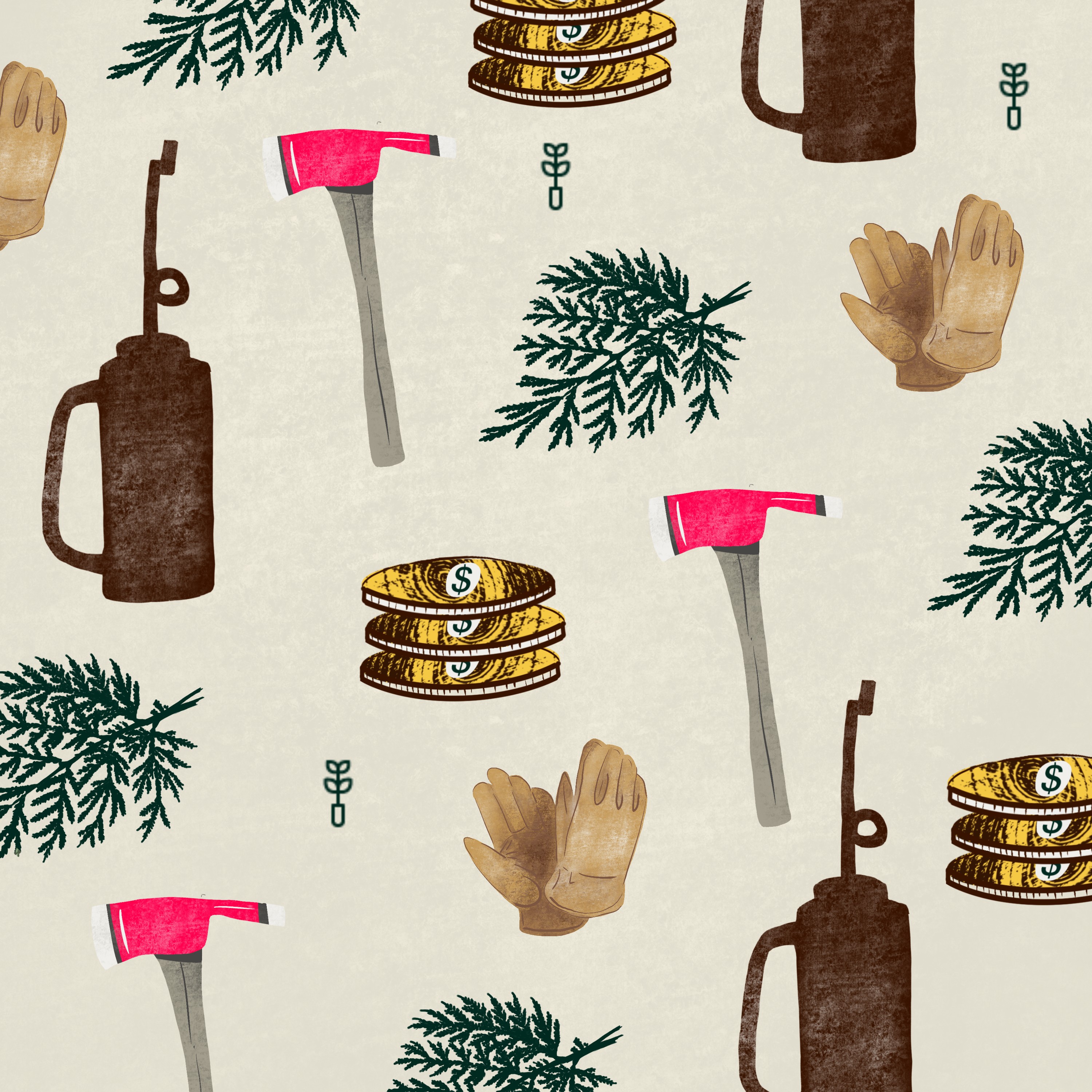 An illustration showing axes, drip torches, tree branches, gloves, and money, all tools to help fight fire and protect nature and people.