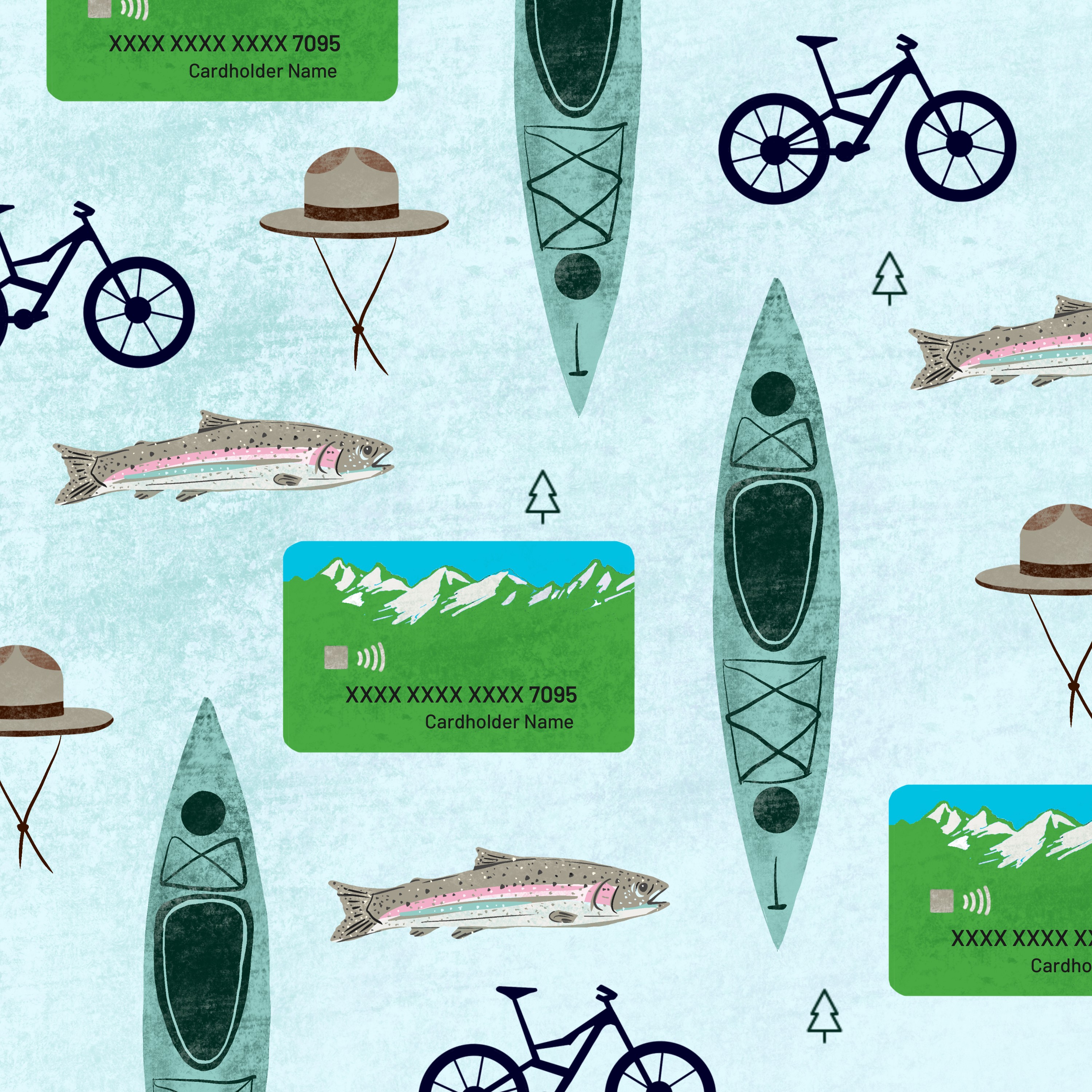 An illustration showing kayaks, fish, bicycles, ranger hats, and nature-inspired credit cards.