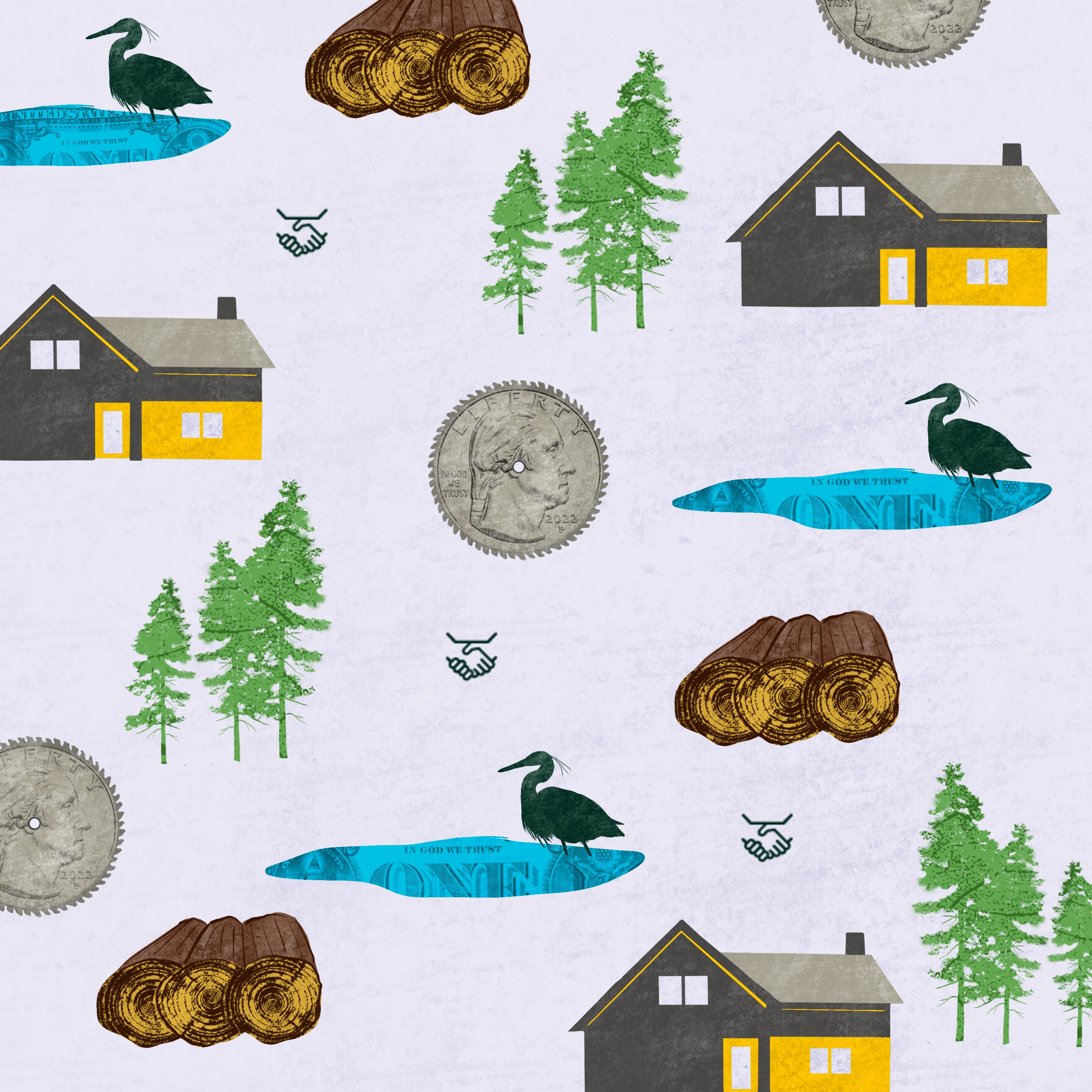 An illustration showing houses, trees, wetlands, timber, and quarters shaped like sawmill blades.