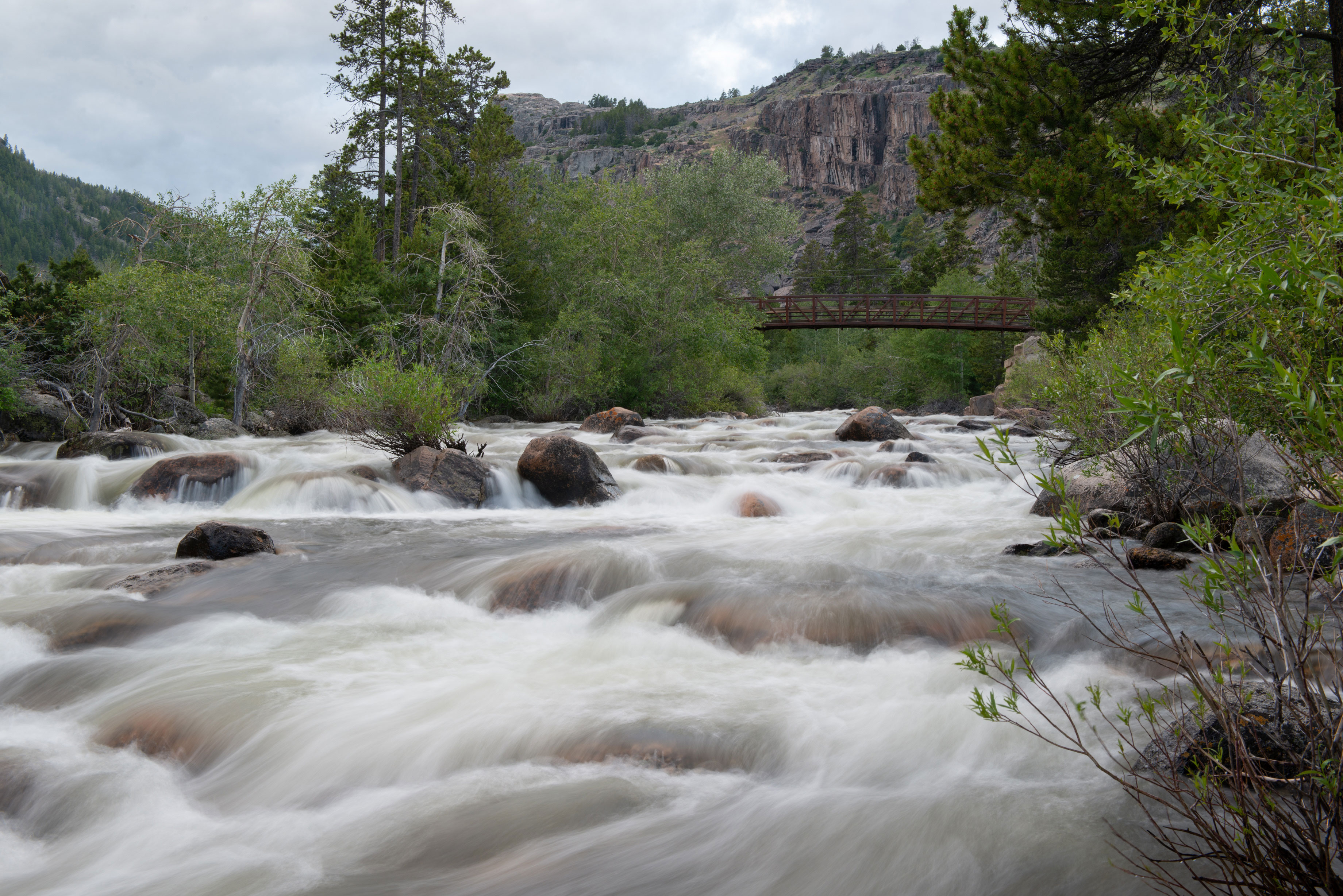 Fast flowing water goes over rocks with trees in the background.