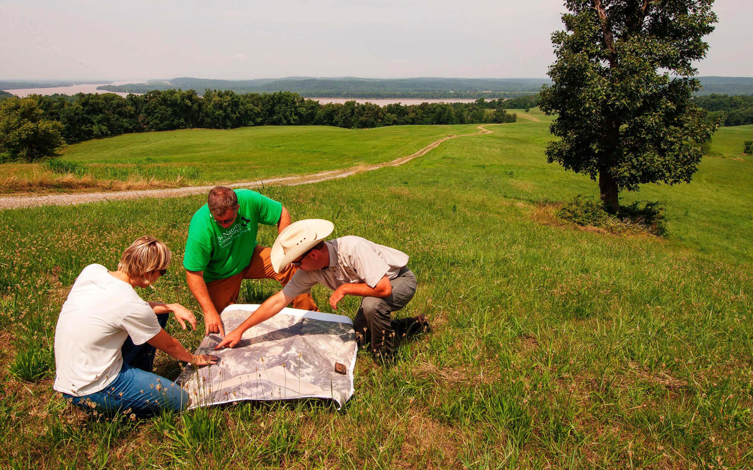 Three people in a field look over a map.