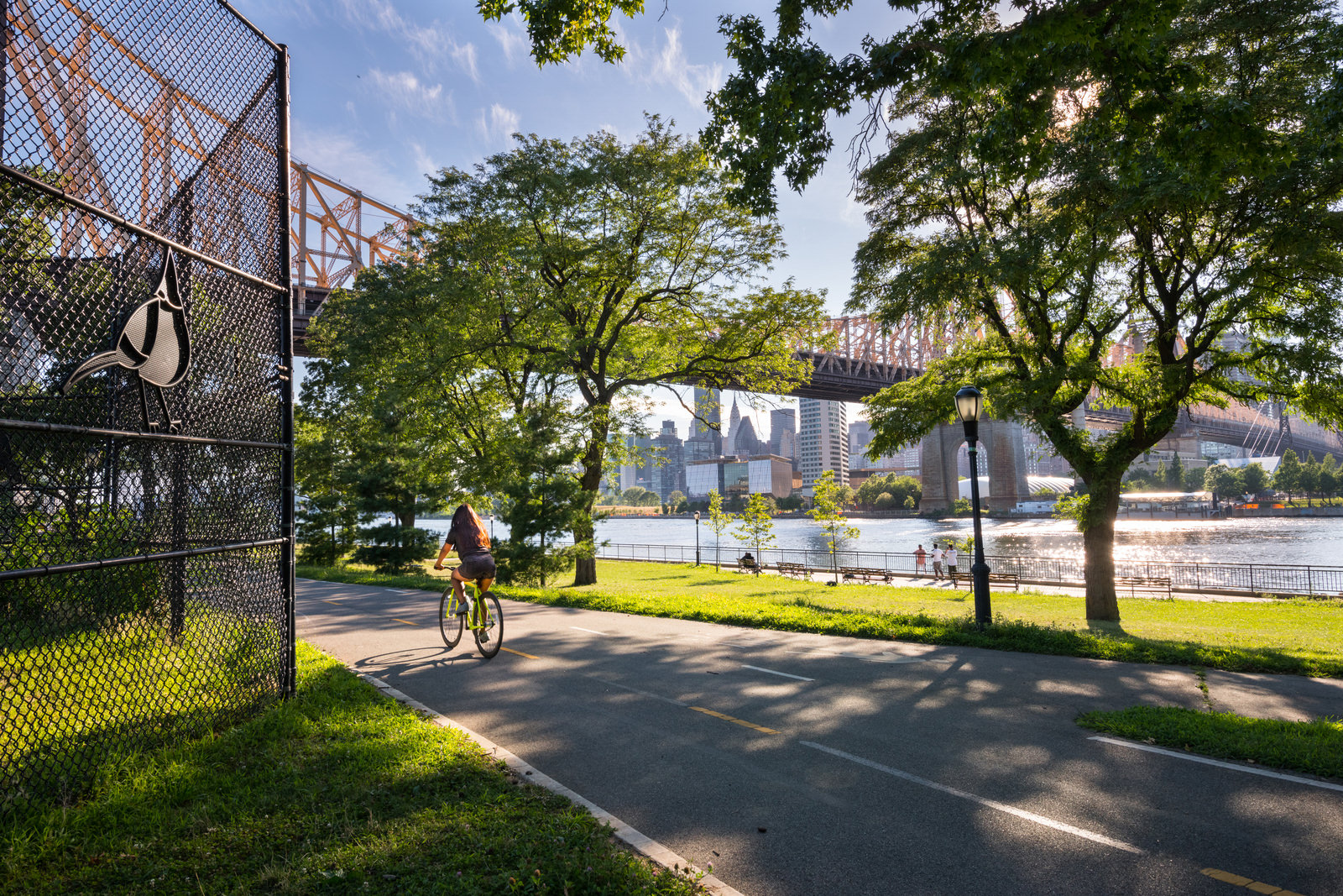 A person riding a bike away from the camera on a bike path next to a river, with a bridge and city skyline in the backgraound.