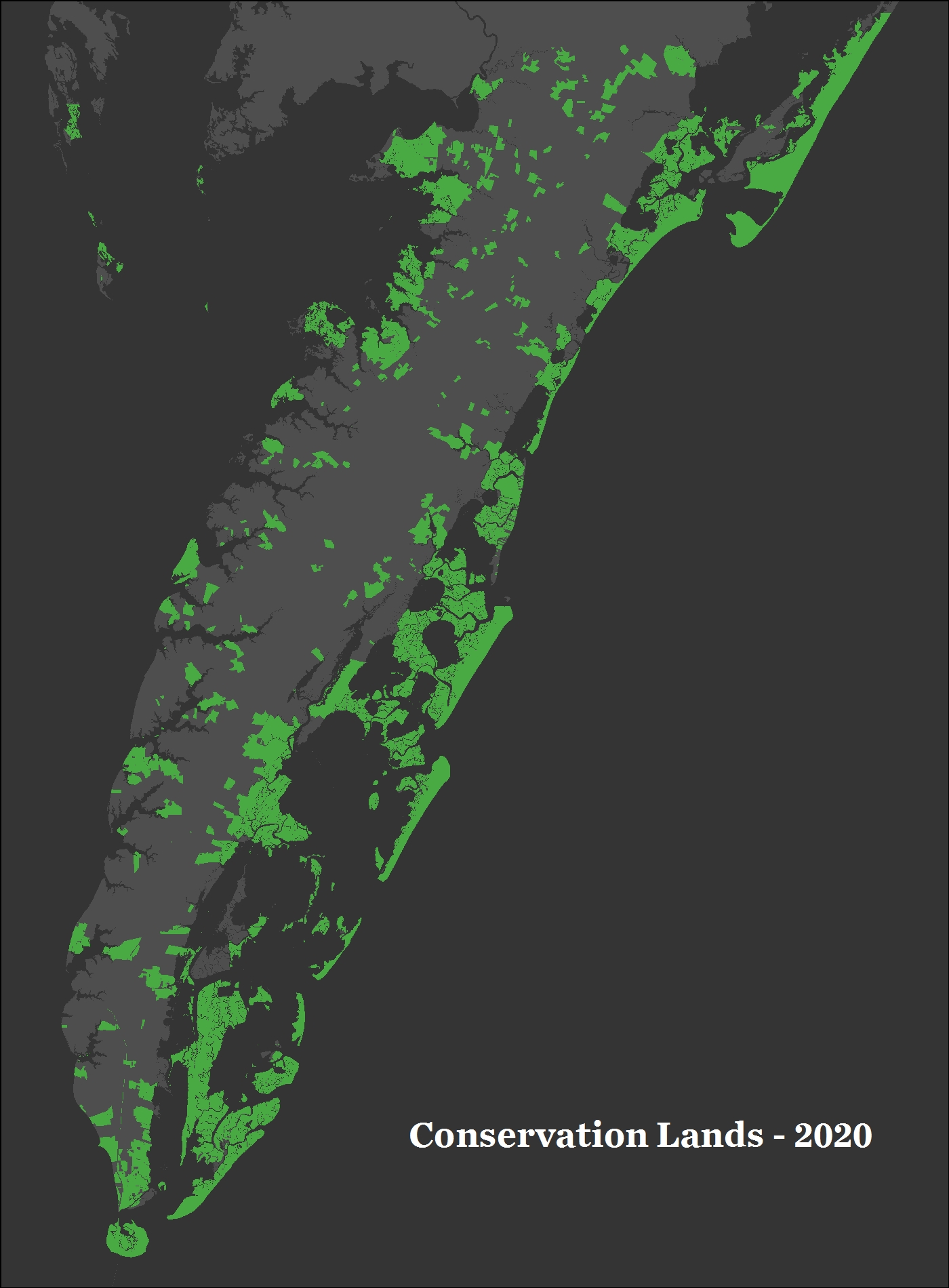 Map showing protected lands on VA's Eastern Shore 2020.