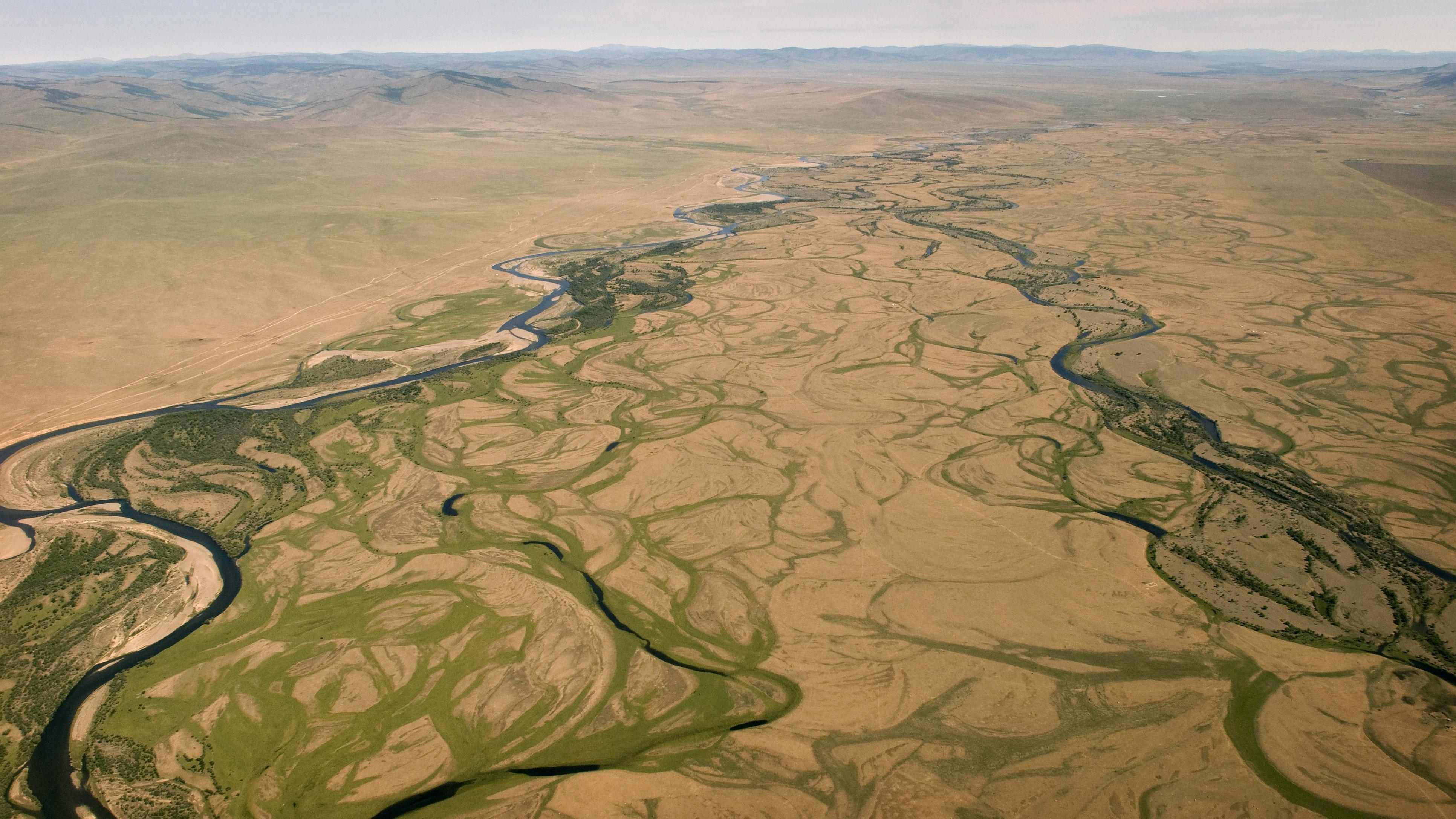 aerial view of brown and green grassland with meandering rivers